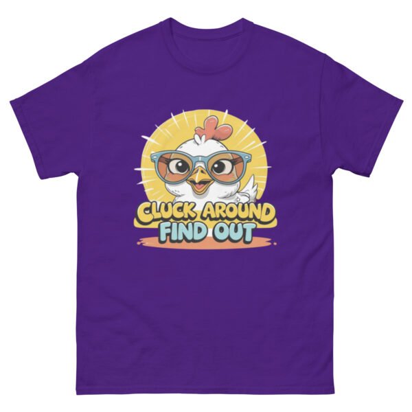 unisex-classic-tee-purple-front-68a4a4beac8fa.jpg Cluck Around Find Out Sunburst